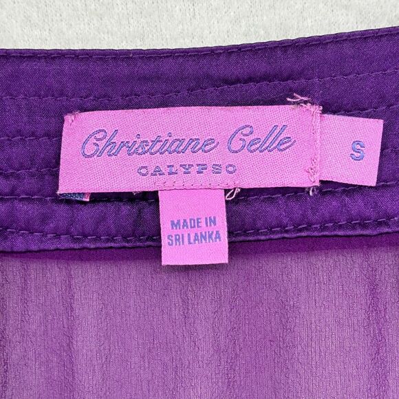 CALYPSO Dress S Small CHRISTIANE CELLE Silk Sheer Satin Trim Knee Length Purple - Picture 10 of 15